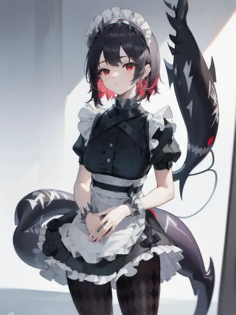 Counter Joe, Ellen Joe, Black Hair, Inner hair color, multicoloRedhead, (Red eyes:1.3), Redhead, short hair, Two-tone hair,
break bapron, black pantyhose, black shirt, black skirt, ear Earrings, To, fish tail, Maid, Maid apron, Maid headdress, pantyhose, E...