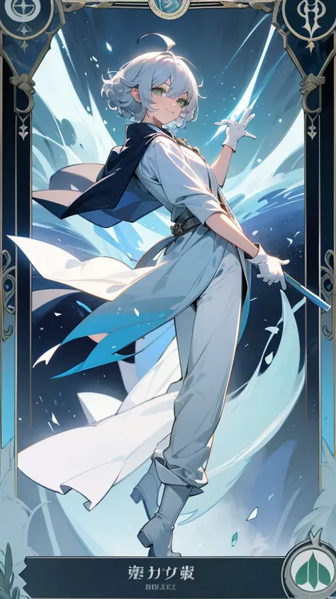 Elf, silver hair,short hair, medium cut, ahoge, curly hair,green eyes,slender, fair skin, cool Smile, robe,  cloak, White gloves, long boots, pants, ice loads magic effect, blue effect, tarot card,