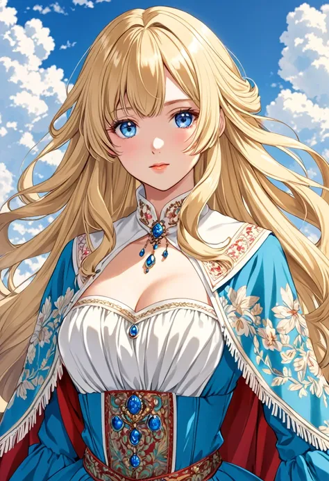 Anime young woman, blonde hair, fringe reparted in three parts, long and waivy hair, light and bright blue eyes, vintage royal Russian clothes, volumous chest