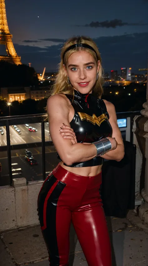 Masterpiece, Best quality, (solo girl), (close portrait), (photorealistic1.4), (epiCRealLife), (flashphoto), (UHD), (young woman), (blonde hair), (blue eyes), (Wondergirl_YJ latex black sleeveless costume), (Wondergirl_YJ top),  (silver armband),  (Wonderg...