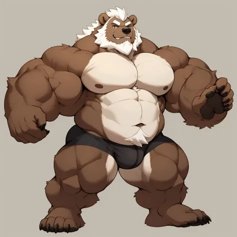 huge muscular old grizzly bear, standing, smirking, flattering, wearing black competitive briefs, shirtless, thick arms, hairy paws, wide pectoral, full body, front view, huge brown fur, masterpiece, proportional, white hair, bearded, huge and giant, an14