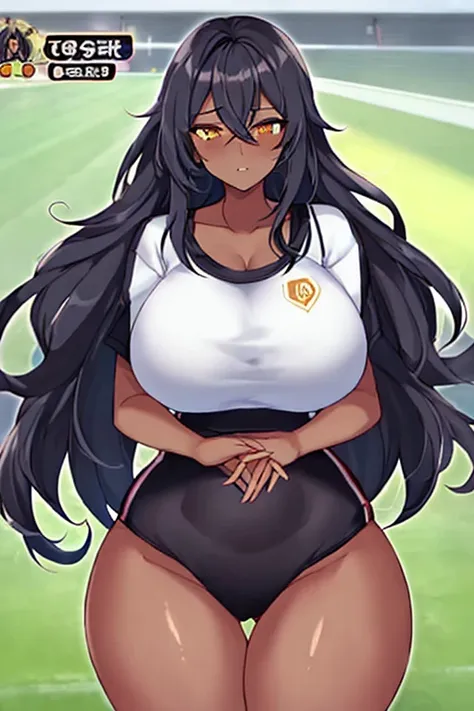 1girl, anime style, 2d, anime screencap, dark skin, black skin, dark-skinned female, white hair, long hair, large breasts, wide hips, thick thighs, shirt, sportswear, shy, sports bra, screencap, masterpiece, hourglass figure, mature female