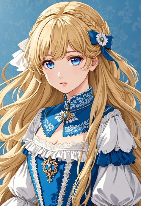 Anime young woman, blonde hair, fringe reparted in three parts, long and waivy hair, light and bright blue eyes, vintage royal Russian clothes from 19th century, volumous chest