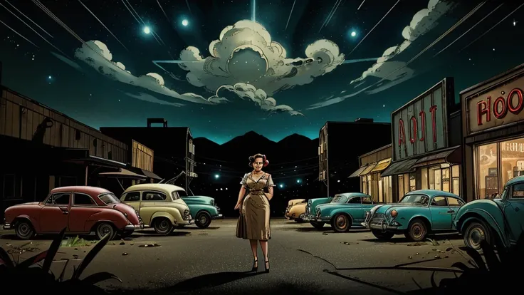 a 1950s housewife has a narrow waist, large breasts, 50s hairstyle hair, she is staring at 3 tiny alien beings, 3 tiny alien beings, 3 tiny alien beings, 3 tiny alien beings,with large eyes and large heads, thin limbs, holding strange glowing instuments; p...