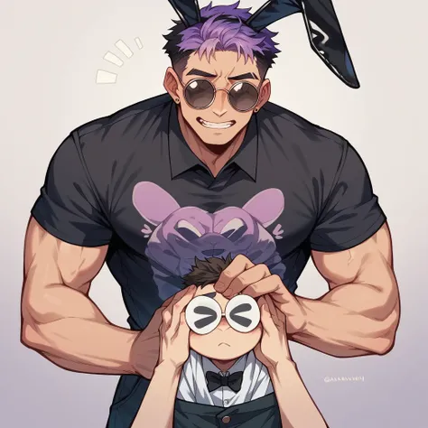 アニメ, best qualityer, white male, Scrawny, purple gradient hair,black shirt with playboy bunny print, round sunglasses, 