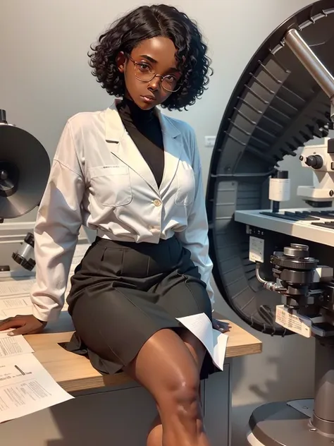 dark-skinned girl. Round glasses on the face. Black curly bob hair. Brown eyes. Wears a white medical coat, black skirt, black stockings and black shoes. biologist. Sitting near the microscope. Around the plant, flowers, notepads.