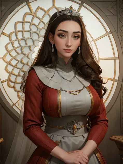 Beautiful and regal, imperious and aloof, busty athletic (thin) brunette queen with sharp facial features wearing a modest updo, dark red medieval dress, long sleeves, intricate patterns, scrollwork, wide neck, crown, veil, long dress, modest dress, tight ...