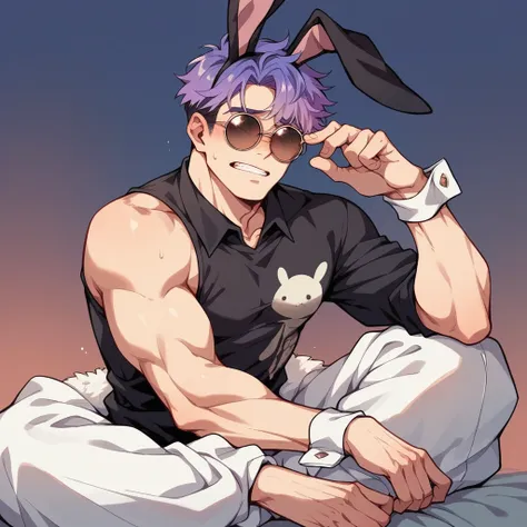 アニメ, best qualityer, white male, Scrawny, purple gradient hair,black shirt with playboy bunny print, round sunglasses, 