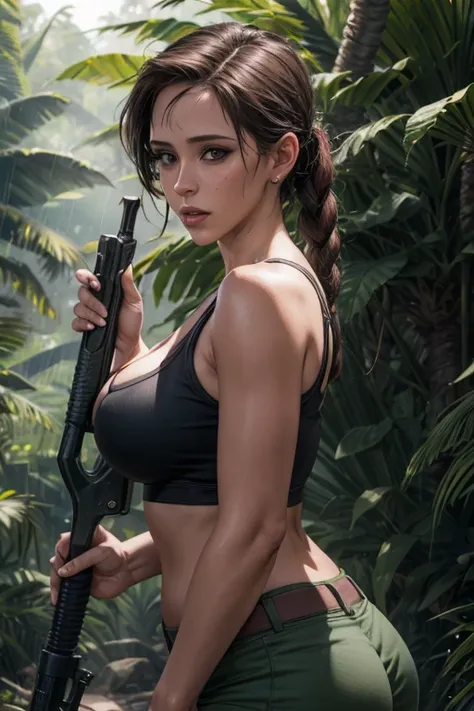 1girl, alone, (Lara Croft), Digital art, Jennifer Love Hewitt as Lara Croft, Tanktop,booty shorts, in the jungle, cleavage, midriff, Detailed clothes, masterpiece, symmetrical, excited face, big breasts, medium thigh medium waist, wide hips, Jungle, rain f...