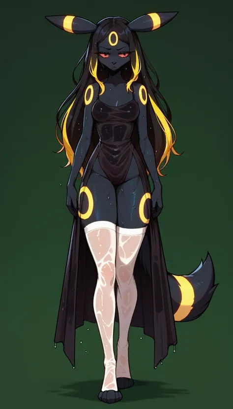 tired expression, 1girl, anthro, furry, fur, fluffy fur, umbreon girl, black hair (yellow highlights), red eyes, long hair, stra...