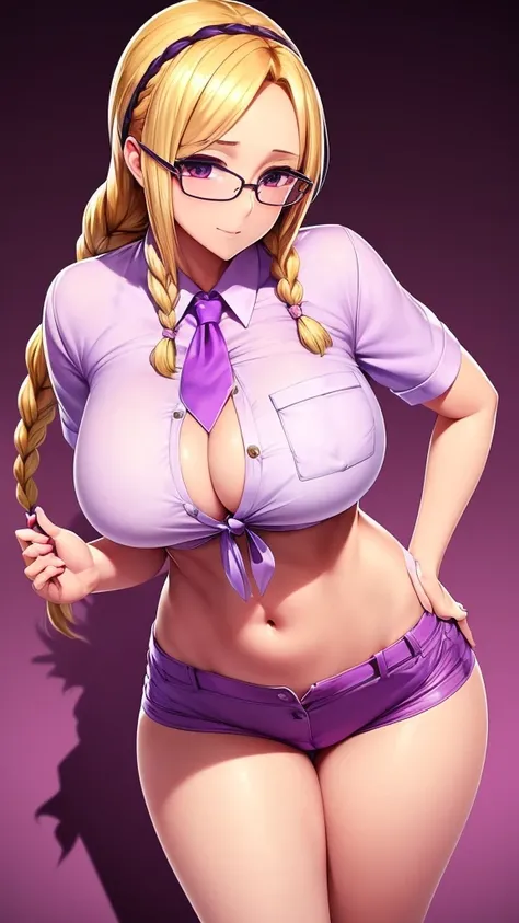 A beautiful sexy girl with a big breast, long round blonde hair, braids, her brown eye, big purple glasses, wearing a blouse, a light purple pocket with a button, tied knot, showing a navel and a blue shorts, a pocket with a black heel. 