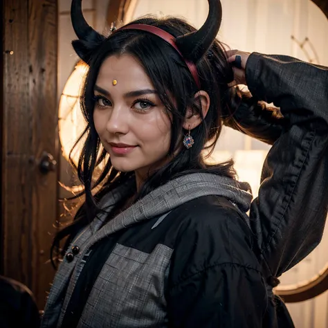 black hair, hair bobbles, wince, longeyelashes, solid circle eyes, fake animal ears, light smile, ear blush, fang, ccurate, hairband, crown, hood, beret, facepaint, antlers, demon horns, raccoon ears, no pupils, symbol-shaped pupils, Surrealism, drop shado...