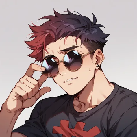 アニメ, best qualityer, white male, Scrawny, purple gradient hair,black red cross print shirt , round sunglasses, 