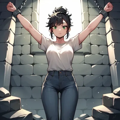 score_9, score_8_up, score_7_up, score_6_up, score_5_up, score_4_up, source_anime, 1girl, black hair, hair bun, green eyes, w-w-chain, spread arms, messy hair, white shirt, jeans pants, dungeon, best quality, best res, 4K UHD,
 