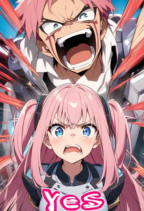 A scene from a movie、Showing teeth、Yes、Get angry、Upper Body、Girl with pink hair、blue eyes、Twin Drill