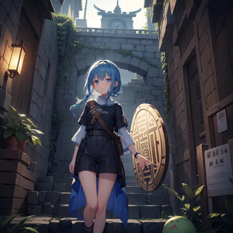 最high quality、high quality、Simple cloth clothing、１０Year old girl adventurer、Climb the maze stairs、Shorts、Equipped with a dagger and a shield、In a dark maze、The body is being swallowed by slime