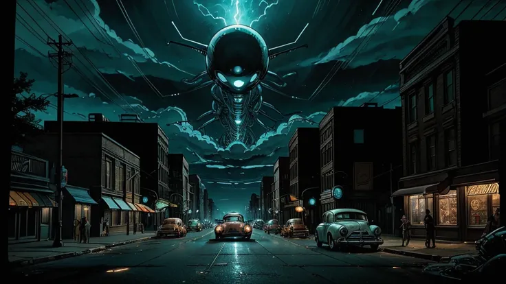 Multiple small alien beings explore a 1950s American street at night. These extraterrestrials have oversized, bulbous heads, enormous black almond-shaped eyes, thin gray skin, and spindly limbs. Theyre holding strange, glowing alien devices that emit eerie...