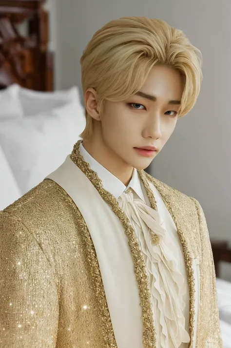 Hyunstayv2, frontal, sparkling, split lips, (blonde hair:1.2), white and gold royal prince clothing, ruffled outfit, (ultra realistic:1.2), (close-up photo:1.1), (bed background:1.2), (intricate:1.2), (looking at the viewer:1.2),