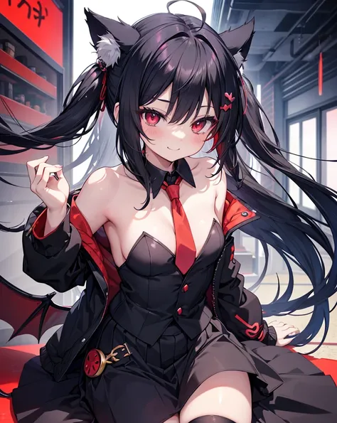 A succubus nekogirl, neko ears, demon tail, smiling with one kawaii Protruding canine as in anime, Horny face Foaming at the mouth. Black hair, red eyes, beautifull , cute and sexy. Little black and red demon Wings.She wants me.black with loose necktie and...