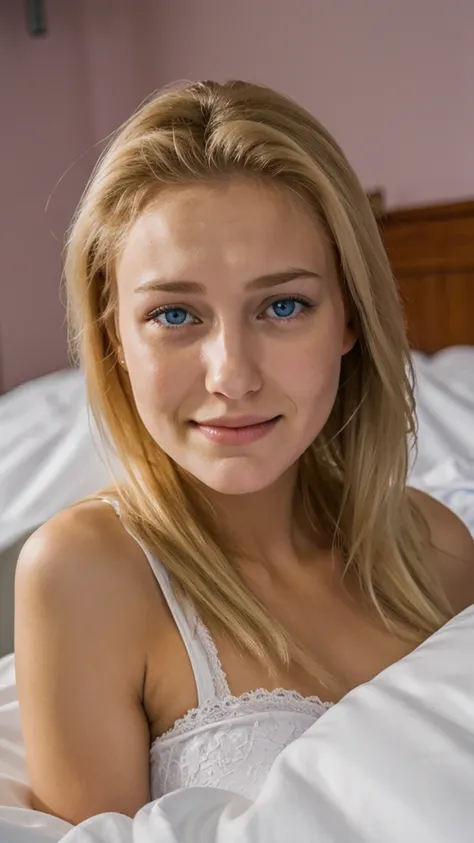 portrait of a sas 18yo blonde russian women laying in hospital bed. close up. hospital gown. cleavage