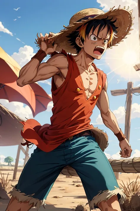 illustration of 1boy, wanostyle, monkey d luffy, angry looking, ((anime)), straw hat, ((colorful)), 8k, ((masterpiece)), HDR, highly detailed, professional