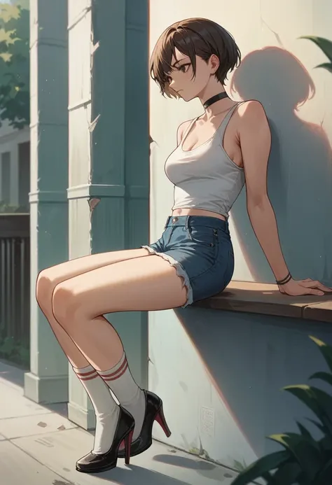 4k, (masterpiece), ((NSFW)), (adolescent), (medium breasts),1 girl, short hair, Brown eyes, white tank top, choker, denim shorts, socks, heels