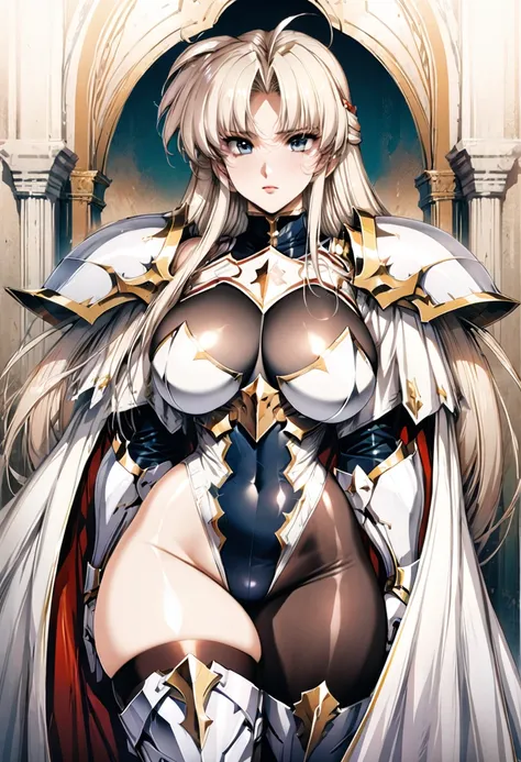 ((highest quality)), ((masterpiece)), ((hyperrealistic)), (detailed background), 1girl, ((curvy: 1.2)), perfect face, Langrisser, makeup, holding weapon, ((Combat leotard: 1.5)), ((catsuit)), ((white paladin armor: 1.3)), ((long skirt)), (cloak de cour), g...