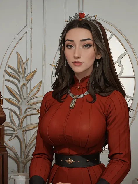 Beautiful and regal, imperious and aloof, busty athletic (thin) brunette queen with sharp facial features wearing a modest updo, dark red medieval dress, long sleeves, intricate patterns, scrollwork, wide neck, crown, veil, long dress, modest dress, tight ...