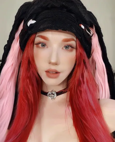 a close up of a woman With red hair wearing a black hat, beautiful dolphin, red wig, with rabbit ears largas y caídas, pale red, with long red hair, sweet ultra-realistic bunny, Pink and red color style, crimson red hair and red eyes, With red hair, with r...