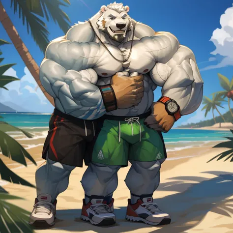 huge muscular polar bear in L.A. Beach, big smile, polar bear, huge white fur, thick arm, huge arm, bearded, white hair and beard, bearded, (muscular, pectoral, wide pectoral, thick arms), beach, palm, realistic, 8k, masterpiece, (wearing white shorts, wri...