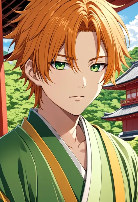 Anime boy (character: Akito Shinonome), orange messy hair, fringe reparted in three parts with a yellow lock of hair on the middle, light and bright green eyes, vintage royal Japanese clothes, Japanese temple background