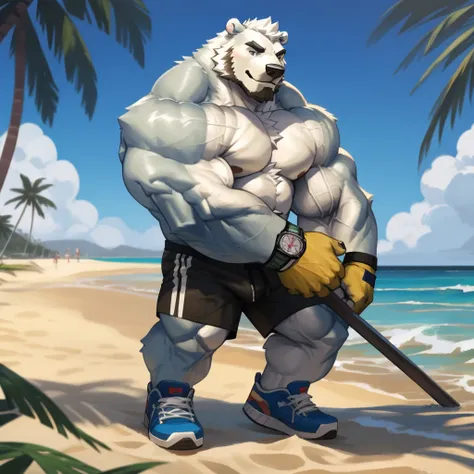 huge muscular polar bear in L.A. Beach, big smile, polar bear, huge white fur, thick arm, huge arm, bearded, white hair and beard, bearded, (muscular, pectoral, wide pectoral, thick arms), beach, palm, realistic, 8k, masterpiece, (wearing white shorts, wri...