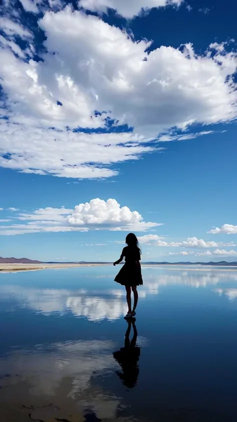 In Salar de Uyuni、Silhouette of a girl standing on the water、Blue sky、White cloud、