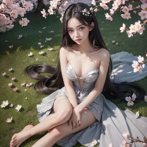 (Girl:1.5),race,ribbon,(masterpiece, Side light, Beautiful detailed grey eyes: 1.2), Mid-chest, Realistic, Glowing Eyes,Shiny Hair,Black Hair,Long, long hair, Shiny skin, alone, Embarrassing,Strapless,Exquisite,beautifully,garden,Flowers,Fluttering petals,...