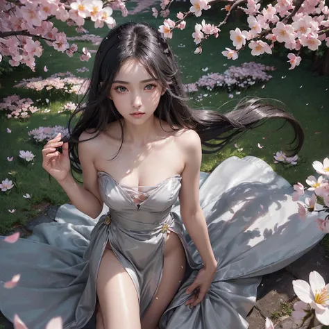 (Girl:1.5),race,ribbon,(masterpiece, Side light, Beautiful detailed grey eyes: 1.2), Mid-chest, Realistic, Glowing Eyes,Shiny Hair,Black Hair,Long, long hair, Shiny skin, alone, Embarrassing,Strapless,Exquisite,beautifully,garden,Flowers,Fluttering petals,...