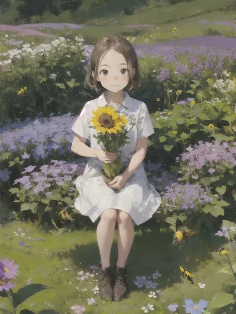 Tiny girl (micro sizes, reduced) sits in the middle of a flower. Huge bees fly around her. 