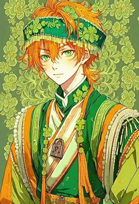 Anime boy (character: Akito Shinonome), orange messy hair, fringe reparted in three parts with a yellow lock of hair on the middle, light and bright green eyes, vintage royal Russian clothes 