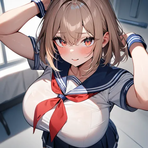 1 girl,Solo,light brown hair,impossible,sailor,big breast,sailor skirt,masterpiece,best quality,very aesthetic,absurdres,bright red,looking at viewer,(Navy Blue)