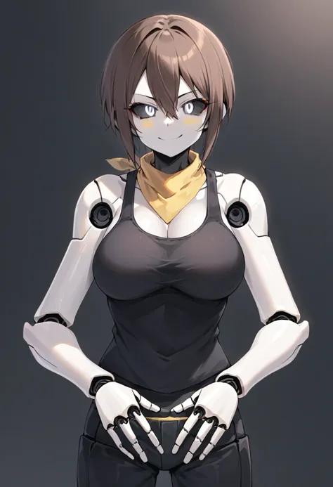 (Anime, 1girl, brown hair, grey eyes, dark punk clothes, black tank top, yellow bandana, portrait, Robot girl, Mecha, Android, joint limbs, robot joints, facial joints, metal pale skin, black sclera, no mouth, glowing eyes, no face, smug face), score_9, sc...