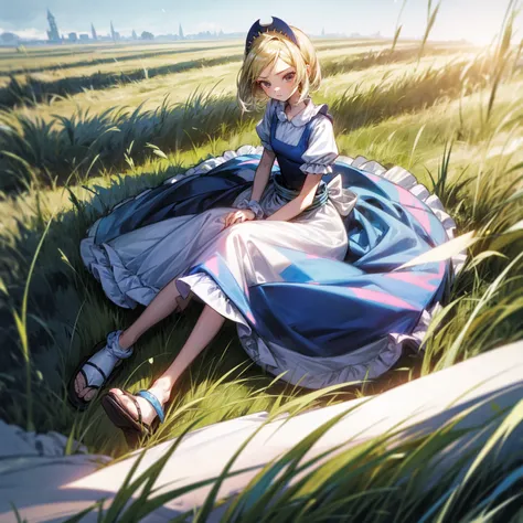 1childern girl, Full body version, 1character, black eyes, long Frizzy haircut, blue colour hair, maid clothing, long dress clothing, headband, sandals, Grassroots, full background in field town, motion blur, lighting, (one piece art), sitting poses, 