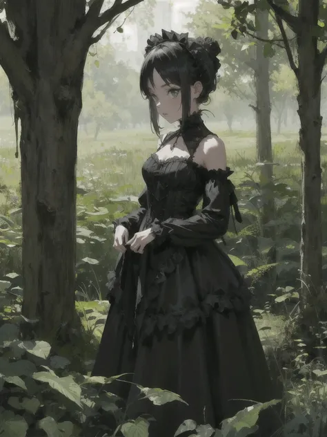 Girl in black gothic outfit. Around her there is green nature and insects.. magic. 