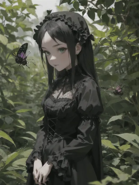 Girl in black gothic outfit. Around her there is green nature and insects.. magic. 