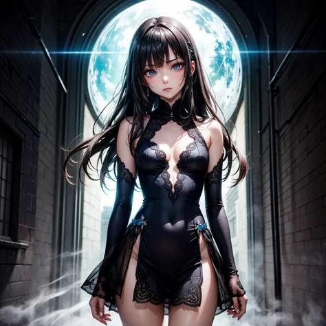 (High Detail:1.2) Anime Girl, (Best quality, Detailed), (dark, gravelly:1.3, dark:1.2), 1girl, (solo), long bob hair, black hair, blue eyes, fair skin, sinister, intense look, background dark, Volumetric light, hyper realistic, super detailed, Dynamic pose...