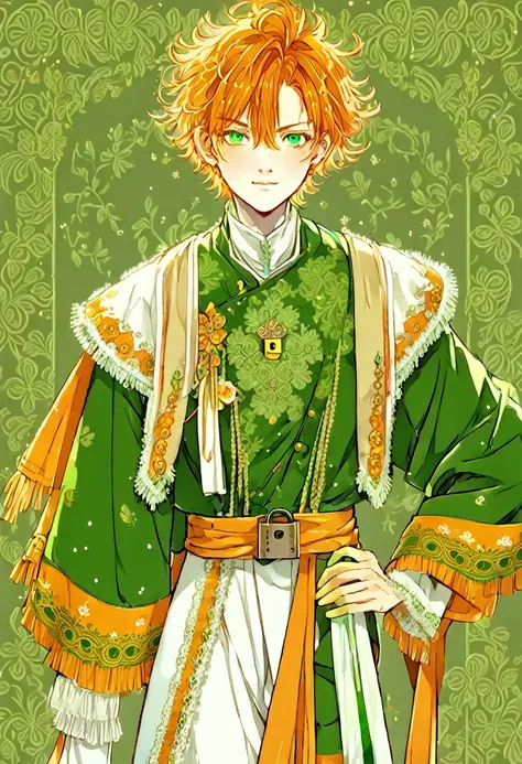 Anime boy (character: Akito Shinonome), orange messy hair, fringe reparted in three parts with a yellow lock of hair on the middle, light and bright green eyes, vintage royal Russian clothes 