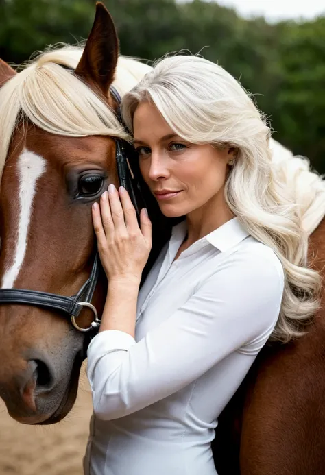 Photo of a blonde woman, 35 year old platinum hair hugging her horse