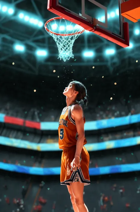 Ultra-realism, Detailed and realistic skin texture, Detailed and intricate texture, Detailed and intricate brushwork, Detailed and clear depiction, Anatomically correct, Absurd aesthetics, BREAK Back view, Basketball game, A spectacular dunk, Sweat all ove...