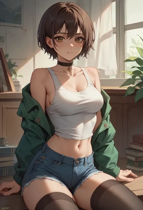 4k, (masterpiece), of the highest quality, 2d, ((NSFW)), (teen anime girl), (medium breasts),white tank top, open green jacket, short hair, choker, Brown eyes, denim shorts, sexy stockings