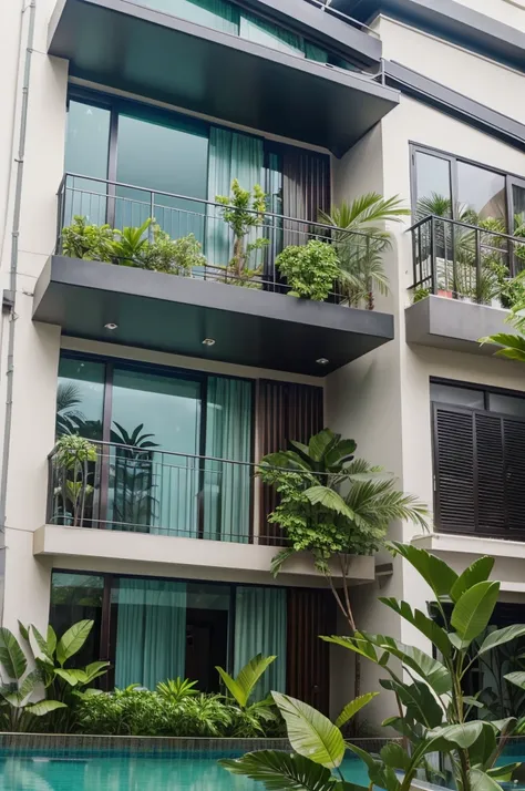 modern town villa large windows and balconies on the first floor, rain drops fall on tropical green plants wide angle shot Canon EOS showcasing modern