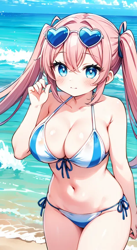 Side tie panties,,masterpiece, Highest quality, (anime screencap:1.3),(shape), cute,(Simple:1), (anime:1.2),Solo Sharp Focus, 1 girl, Cleavage,Looking at the audience, （Water Play,Water play,Splash 1.1）,Beach,Japan,(Browsing Caution:1.2),Colorful Bikinis,P...