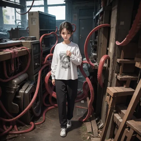 ８age、Girl captured by tentacles in abandoned factory、Tentacles in a skirt、Pants fabric texture、Cry